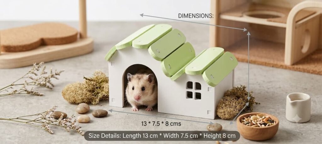 Wooden hamster hideout house with arched door, window and coloured slatted roof, 13x7.5x8cm