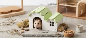Wooden hamster hideout house with arched door, window and coloured slatted roof, 13x7.5x8cm