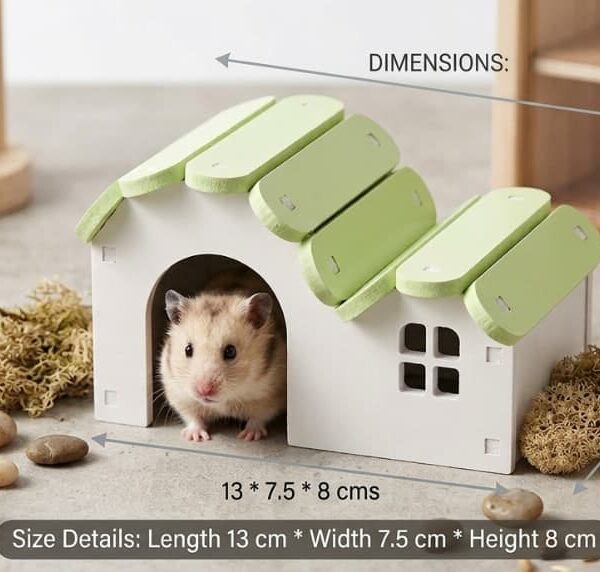 Wooden hamster hideout house with arched door, window and coloured slatted roof, 13x7.5x8cm